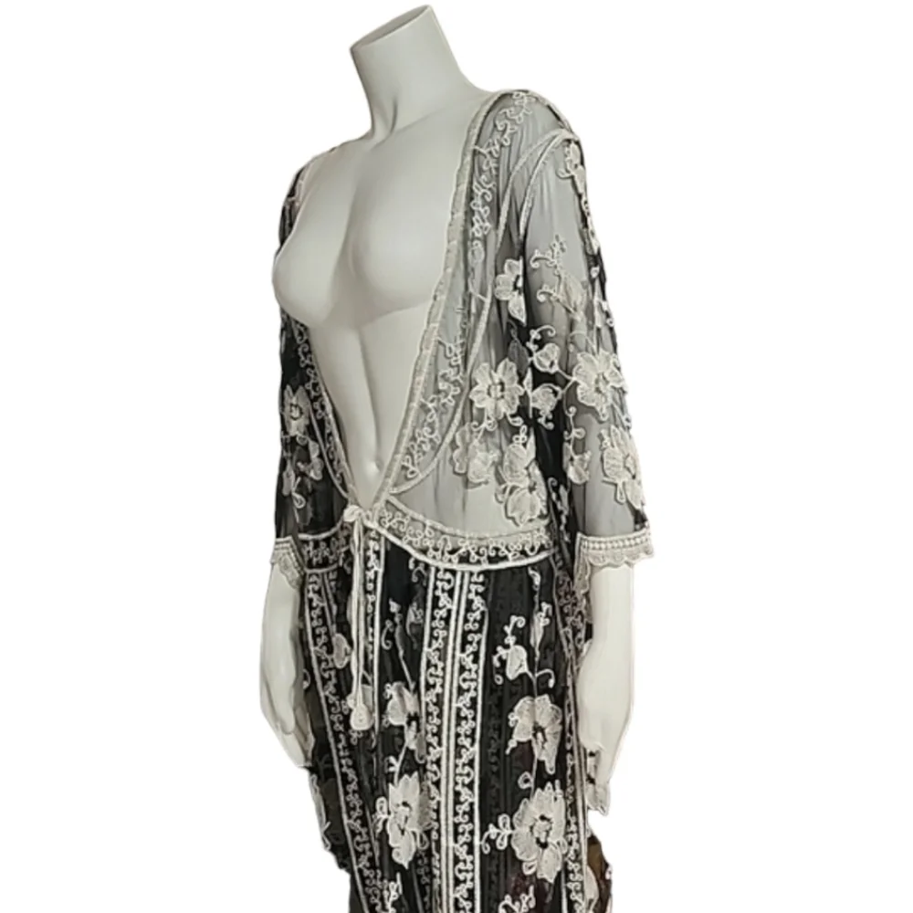 ASHA Gypsy Boho Embroidered Duster L M S Robe Maxi Dress Swim Cover Up Kimono - Picture 4 of 14
